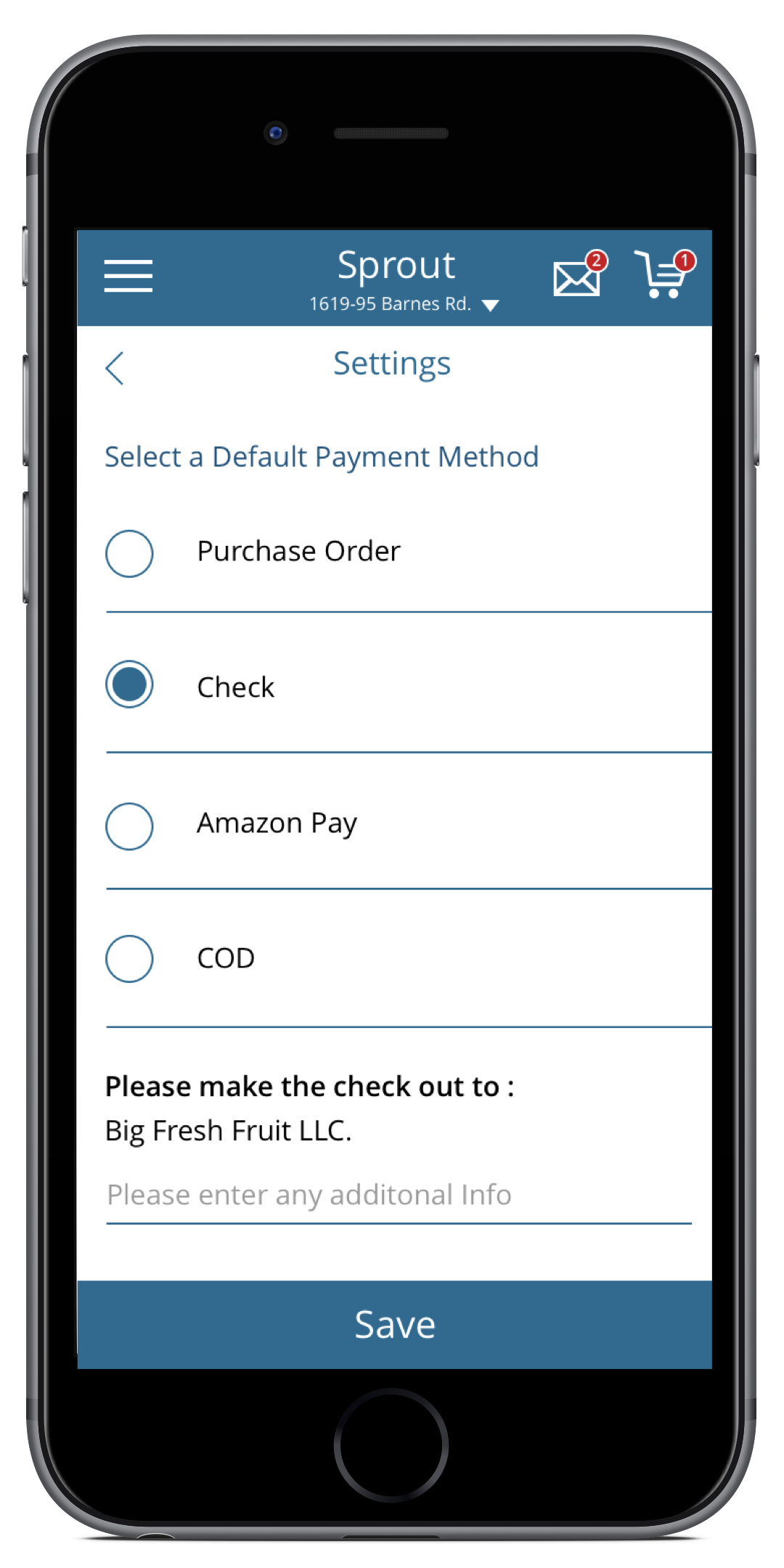 Sprout payment settings screen